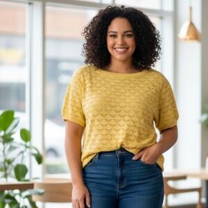 Modcloth Sz 4X Yellow Dainty Crochet Feminine Short Sleeves Knit Cotton Top